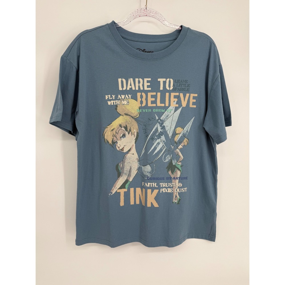 Disney Tinkerbell Dare to Believe Graphic T-Shirt Blue Sz M Peter Pan Tink